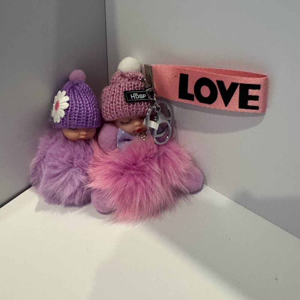 Pink & Purple Plush Pom-Pom Baby Keychain or Purse Charm  Duo - LOVE Strap